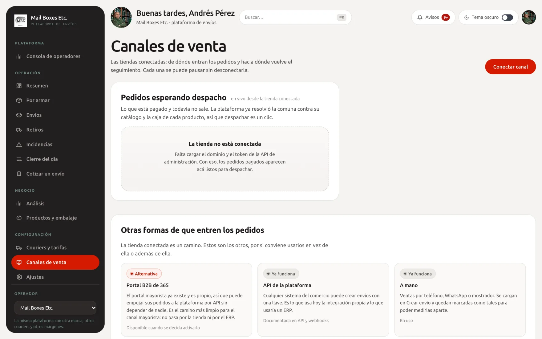 Pantalla de canales de venta con la conexión a la tienda