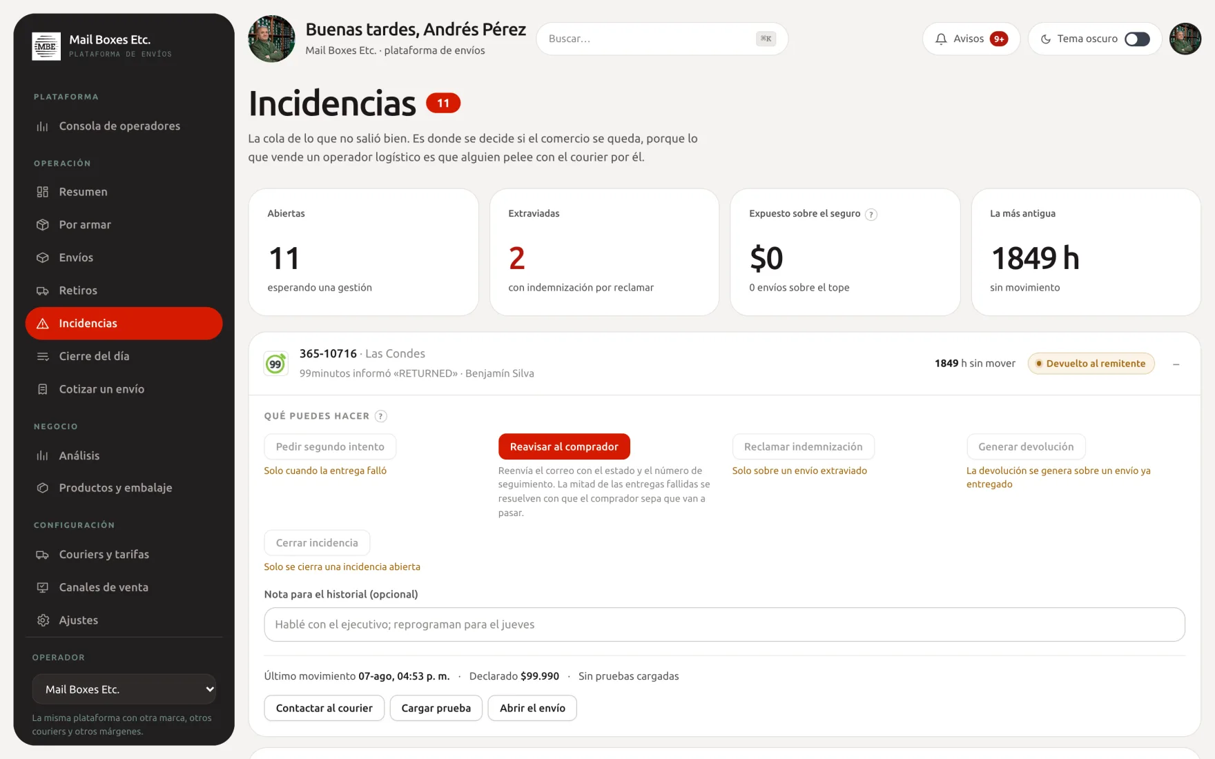 Pantalla de incidencias con los envíos atrasados, extraviados y devueltos