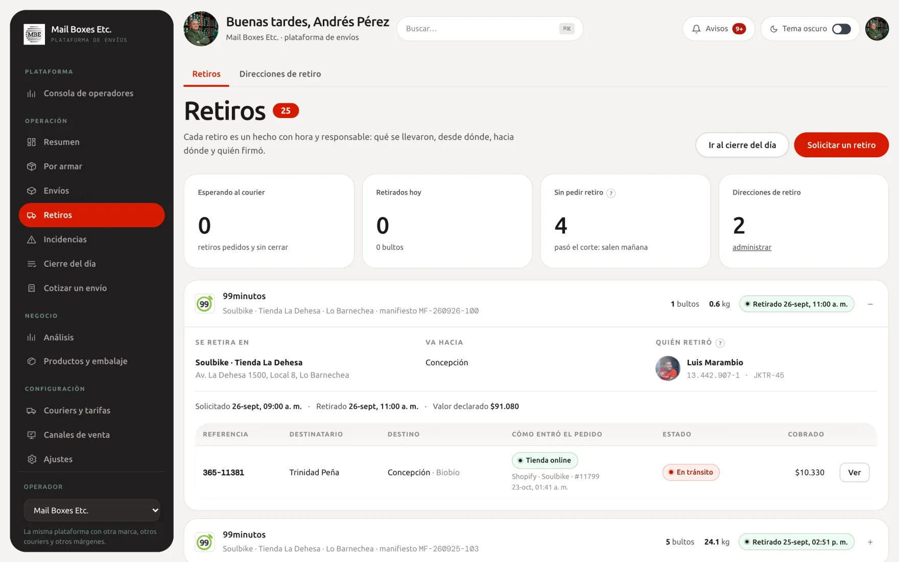 Pantalla de retiros con lo que cada courier viene a buscar